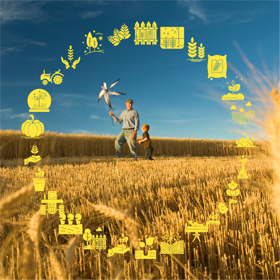 App icons surround wheat stalks